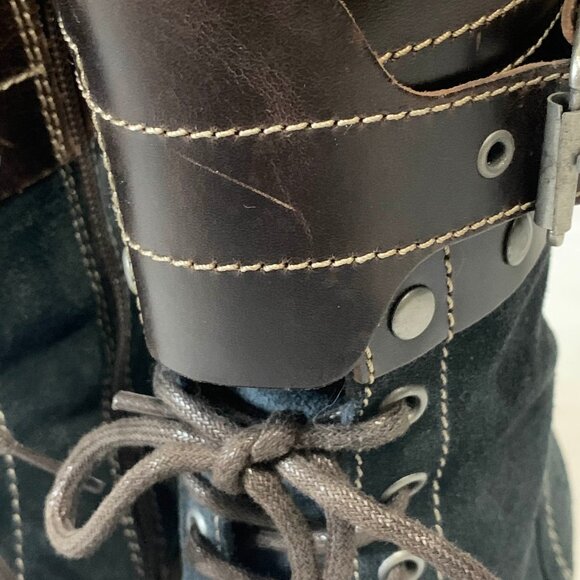 Fly London Sz 6.5 Yip Black Suede Leather Buckle Lace Up Block Heel Ankle Boots - Picture 8 of 15